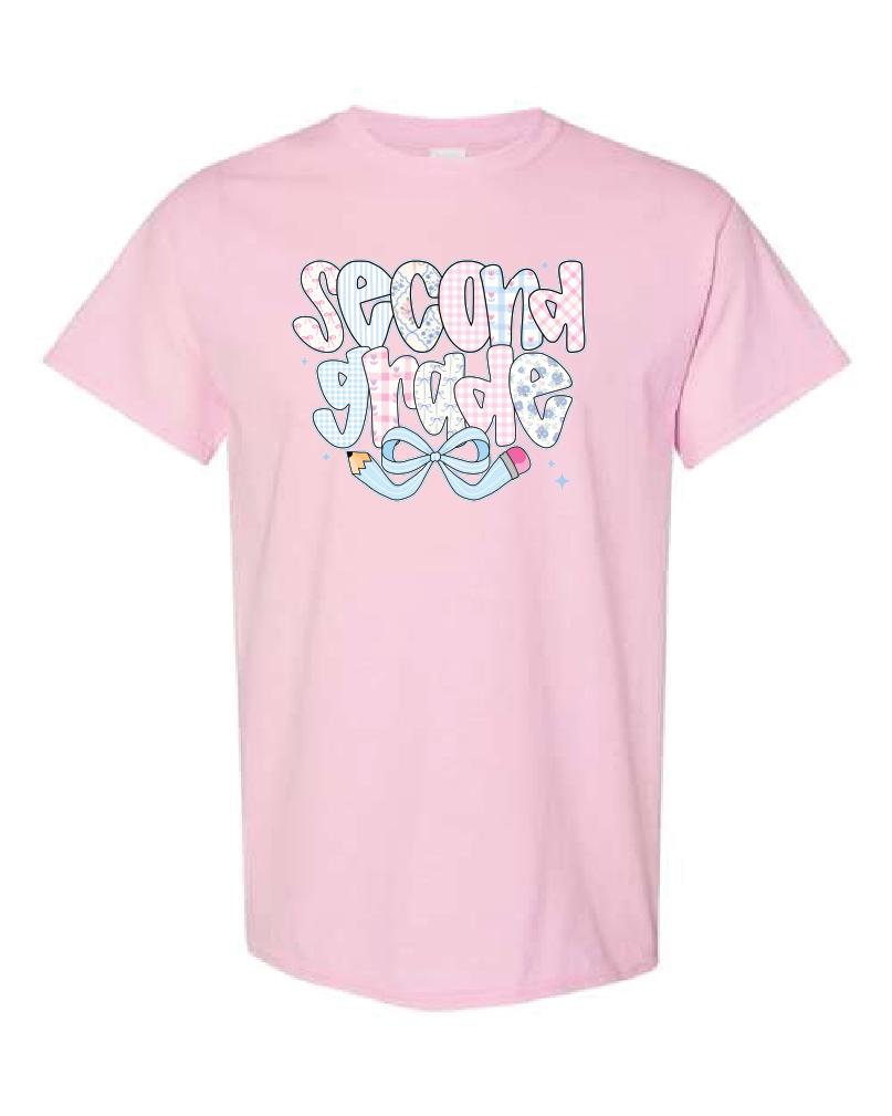 Teacher- Grade Level- Blue Pencil Bow-Gildan Shirt Light Pink