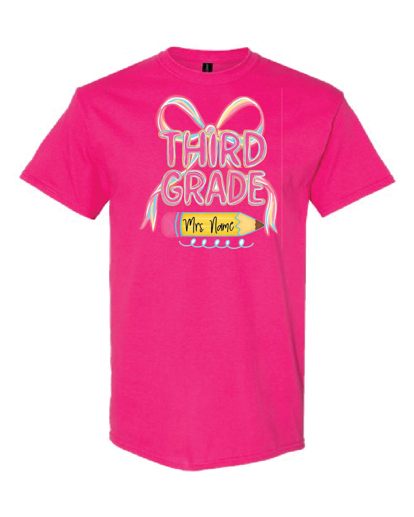 Teacher- Grade Level- Coquette Pink Bow-Gildan Shirt Heliconia