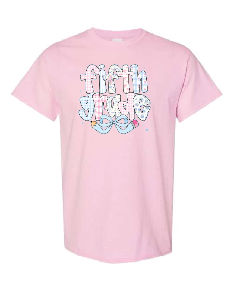 Teacher- Grade Level- Blue Pencil Bow-Gildan Shirt Light Pink