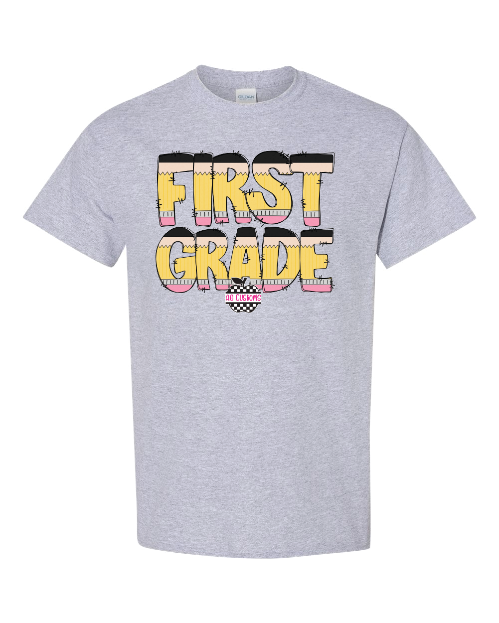Pencil Font-Gildan Shirt- Sports Grey
