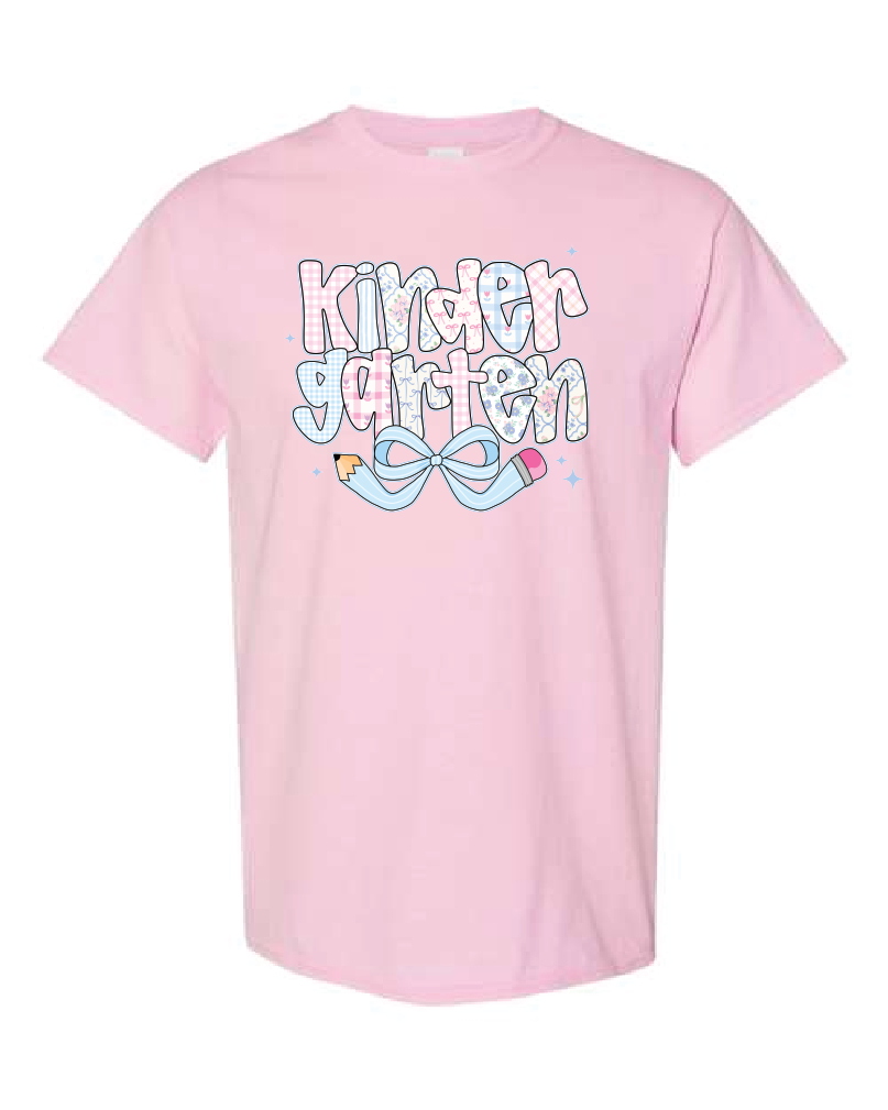 Teacher- Grade Level- Blue Pencil Bow-Gildan Shirt Light Pink