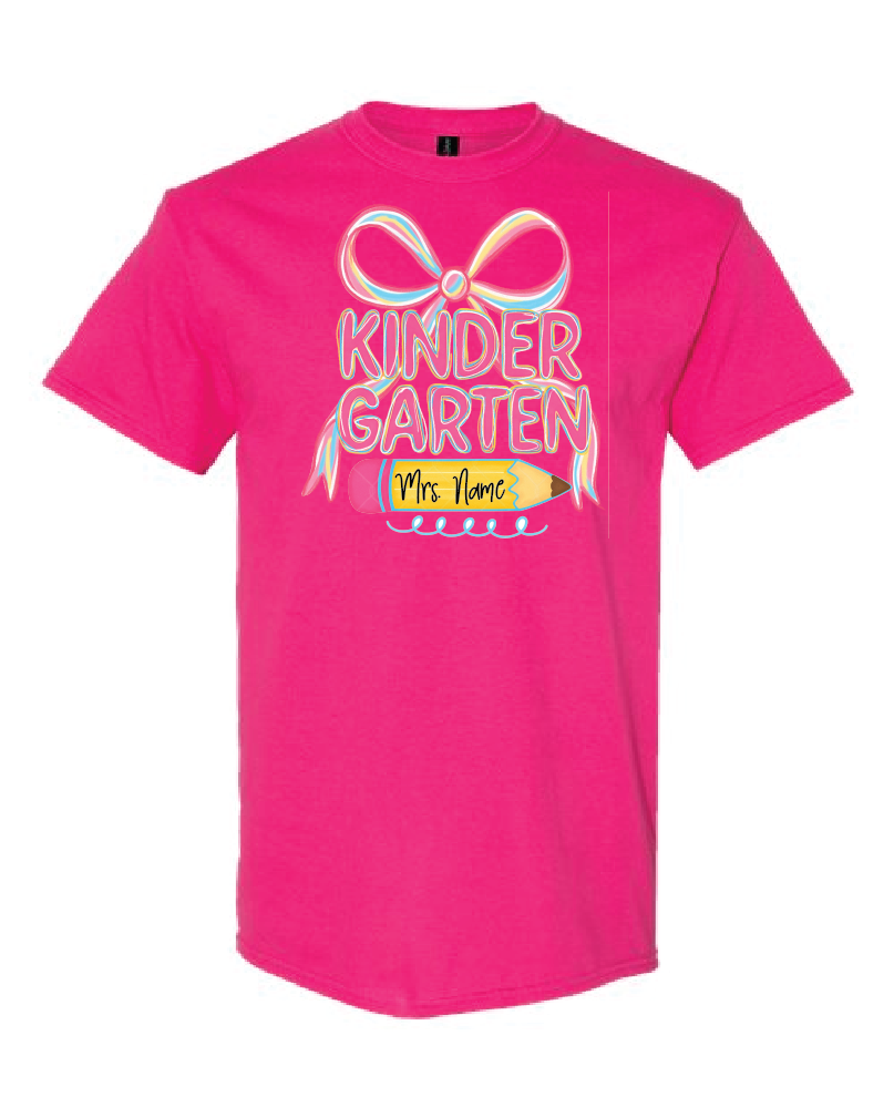 Teacher- Grade Level- Coquette Pink Bow-Gildan Shirt Heliconia