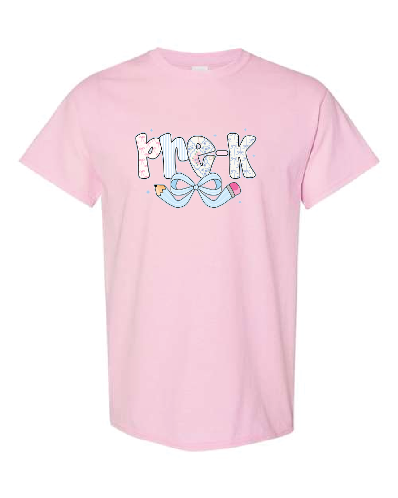 Teacher- Grade Level- Blue Pencil Bow-Gildan Shirt Light Pink
