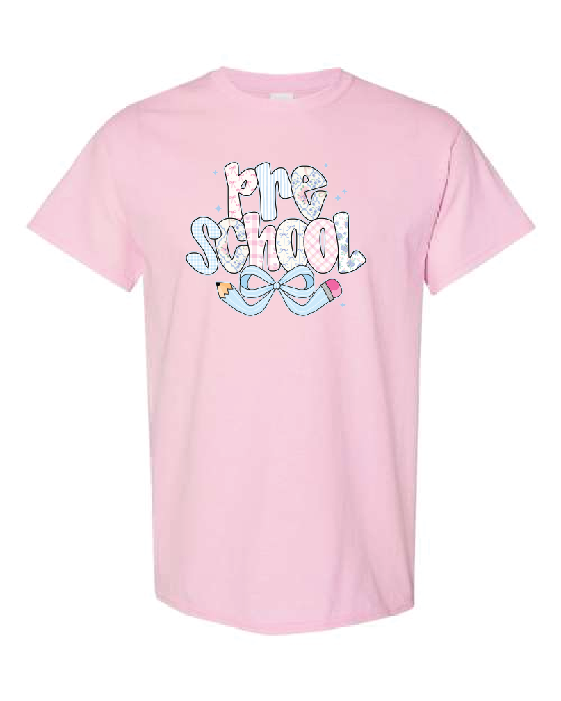 Teacher- Grade Level- Blue Pencil Bow-Gildan Shirt Light Pink
