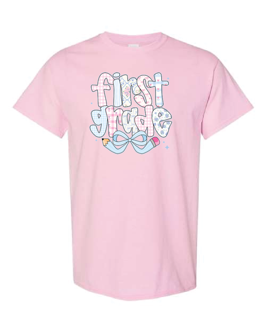 Teacher- Grade Level- Blue Pencil Bow-Gildan Shirt Light Pink