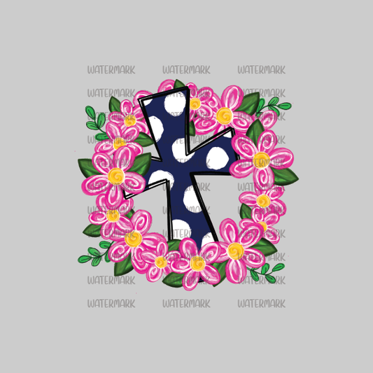 Easter Polkadots Cross With Flowers-DTF Transfer