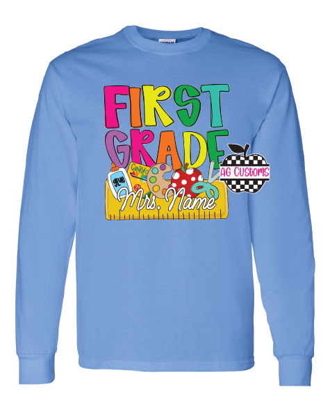 Back to School Name Plate- Grade Level-Long Sleeve- Carolina Blue
