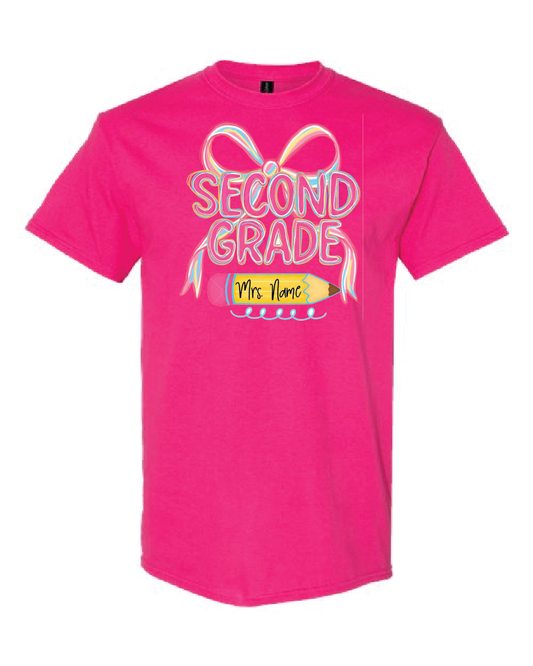Teacher- Grade Level- Coquette Pink Bow-Gildan Shirt Heliconia