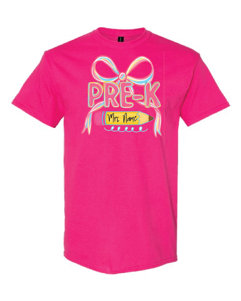 Teacher- Grade Level- Coquette Pink Bow-Gildan Shirt Heliconia